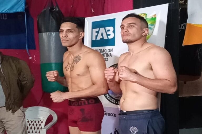 Brizuela y Garateguy tuvieron su primer cara a cara durante el pesaje. Víctor Ludi