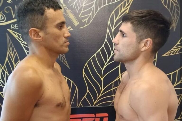 Garateguy y Tejada se miran tras el pesaje. Prensa Boxeo Colón