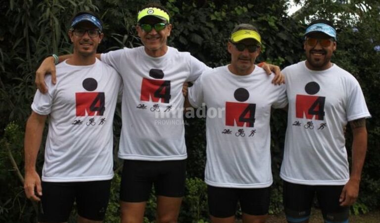Listos. Los cuatro venadenses que van a afrontar la prueba atlética más exigente del mundo: el triatlón Ironman. Gentileza: Transmedia.