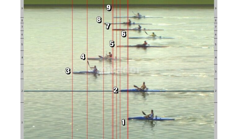 El photo finish de la final K1 200 metros. El santafesino ocupó la octava posición desde el carril 1. Gentileza: prensa del campeonato.