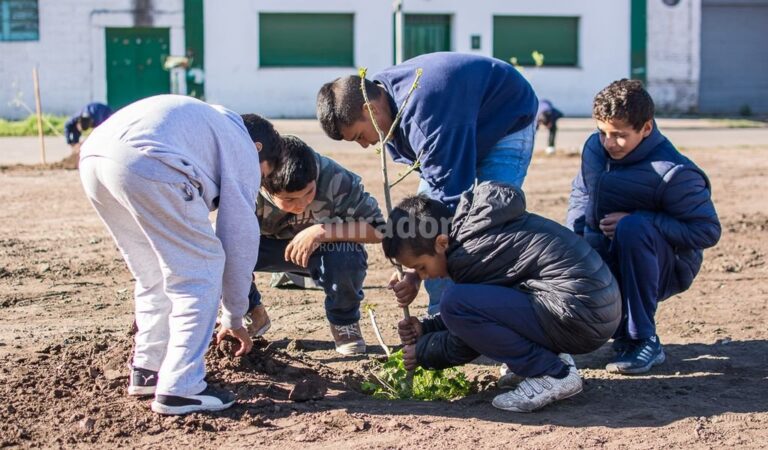 Chicos de dos escuelas participaron de la plantación. Gentileza: prensa Municipio de Villa Constitución.