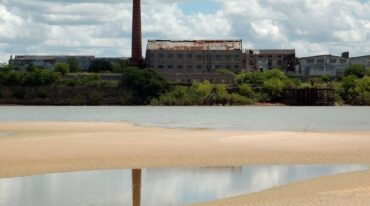 Pasado y presente en una misma foto. De fondo los restos de un imponente frigorífico. En primer plano