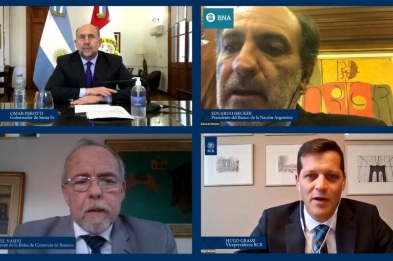 El gobernador Perotti estuvo en la teleconferencia. Gentileza: prensa BCR.