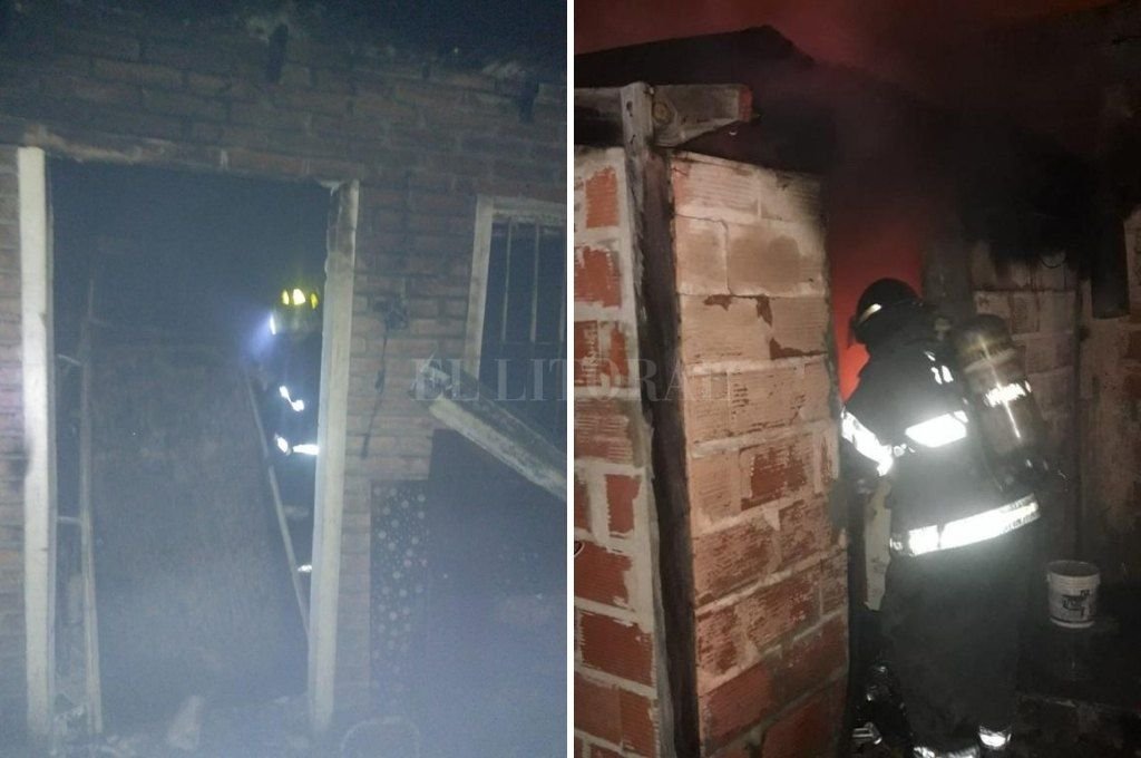 El momento en que personal de Bomberos interviene en uno de los siniestros. El Litoral