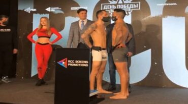 El concordiense Gustavo Vittori y el georgiano Enriko Gogokhia cara a cara tras el pesaje oficial. Gentileza Gustavo Vittori