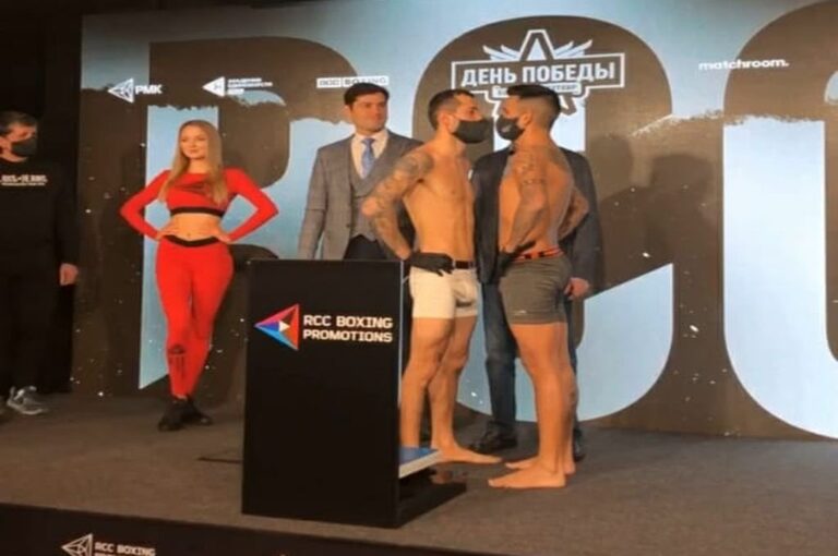 El concordiense Gustavo Vittori y el georgiano Enriko Gogokhia cara a cara tras el pesaje oficial. Gentileza Gustavo Vittori