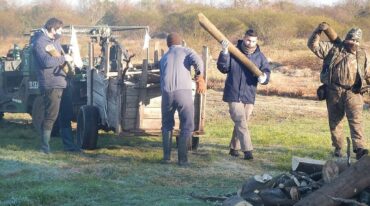 Brigadistas-exploradores realizan las tareas de tala y acopio de leña de acacia negra para distribuir en los barrios cercanos al arroyo Perucho. La especie es considerada plaga en Entre Ríos