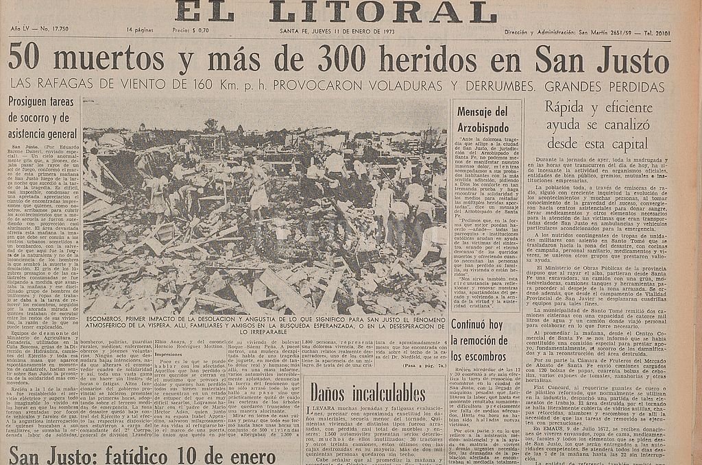 El 10 de enero de 1973 se formó en la ciudad de San Justo el tornado más devastador del que se tenga registros en el hemisferio sur. Esto coloca a nuestra región como la segunda región mundial con mayor posibilidad de formación de tornados. Archivo El Litoral