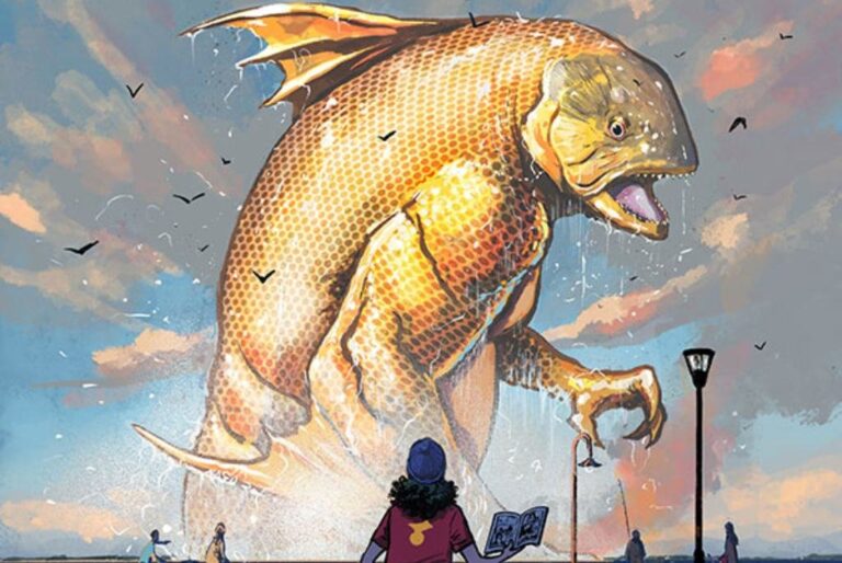 Un pez dorado emerge del río delante de las islas entrerrianas y sorprende a incrédulos ciudadanos en el parque España. La maravillosa figura fue realizada por Germán Peralta. Gentileza.