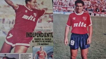 Izquierda: Ubaldi en la histórica revista Sólo Fútbol. Derecha: Con la camiseta del Rojo y la hinchada de fondo.