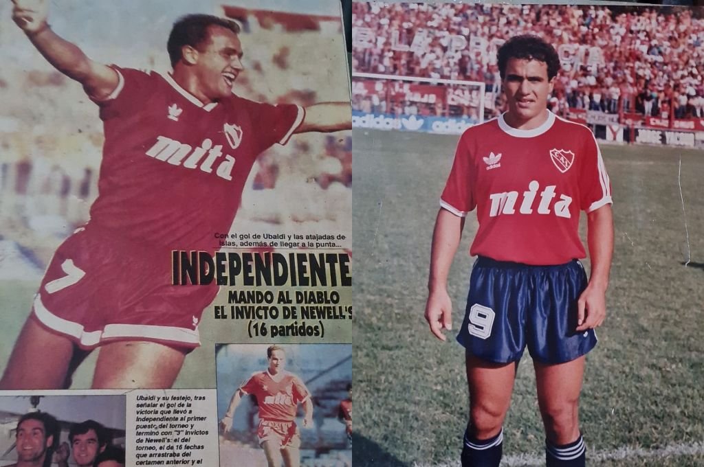 Izquierda: Ubaldi en la histórica revista Sólo Fútbol. Derecha: Con la camiseta del Rojo y la hinchada de fondo.