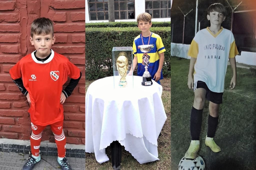 Izquierda: Gio vistió los colores del Rojo de Avellaneda. Centro: El pequeño actualmente juega para Club Boca Paraná. Derecha: Giovanni Bianchi y la ilusión de las pruebas en suelo europeo.