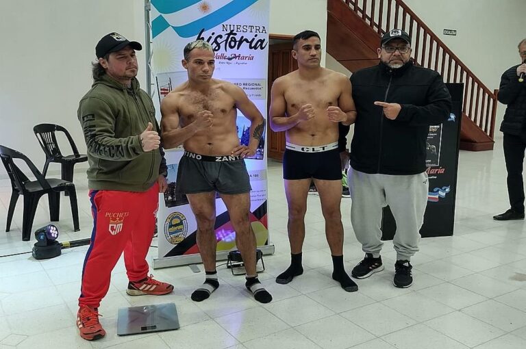 Nicolás Albarenga y Dimas Garateguy superaron el pesaje y serán los protagonistas de la pelea principal en Valle María. Prensa Municipalidad de Valle María
