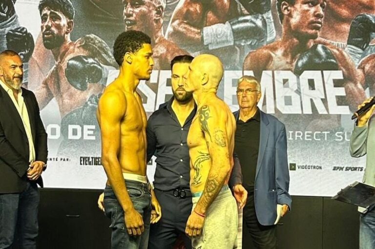 Los pugilistas cara a cara tras el pesaje oficial.