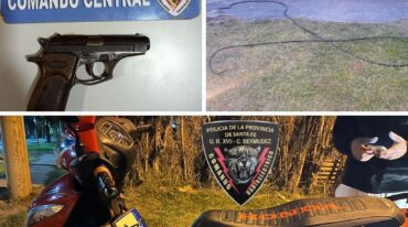 Un arma de fuego secuestrada. La moto había sido robada en San Lorenzo y fue recuperada en Capitán Bermúdez. Además
