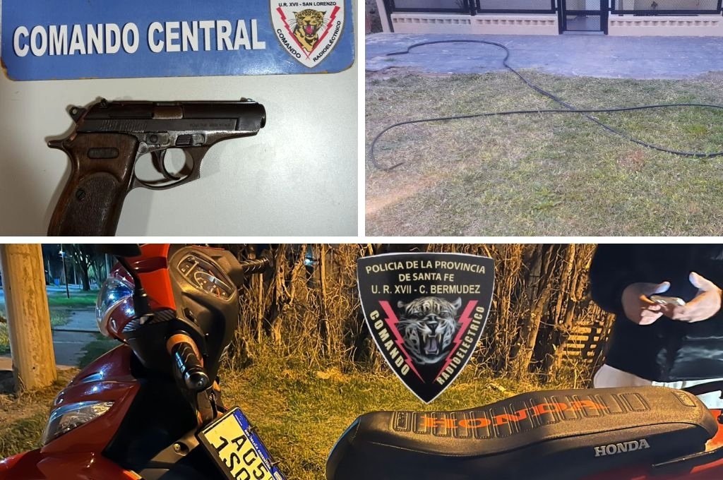 Un arma de fuego secuestrada. La moto había sido robada en San Lorenzo y fue recuperada en Capitán Bermúdez. Además