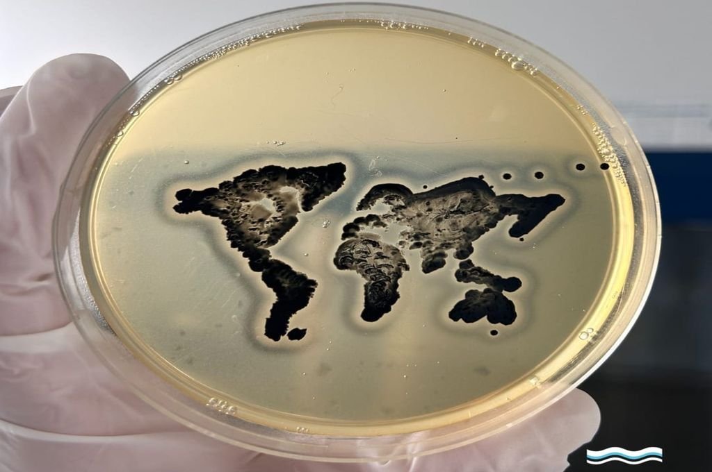 'Mapamundi: dibujo realizado con la bacteria Gram positiva Staphylococcus aureus en el medio de cultivo Agar Baird Parker (ABP)'.